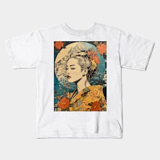 Vintage Rose Blossoms Japanese Woodblock Maple Streetwear Hipster Asian Inspired Retro Manga Samurai Daffodil Kids T-Shirt